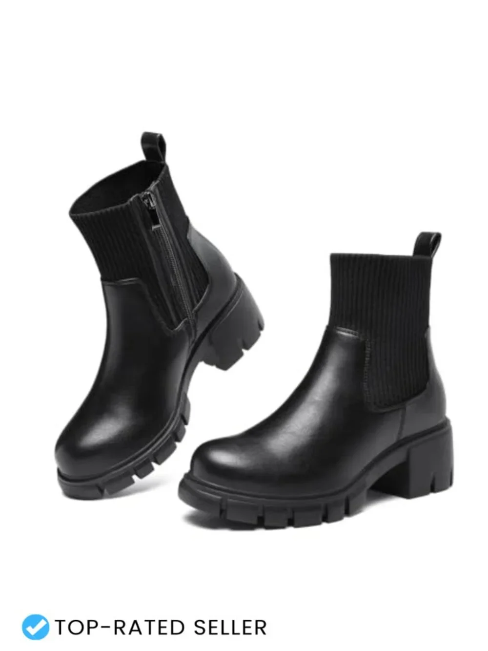 Chunky Lug Sole Chelsea Boots for Women, Side Zipper Platform Ankle Booties